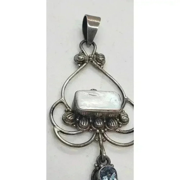 Vintage Pendant 925 Sterling Silver Genuine Pearl & Topaz Large Fancy - Picture 6 of 9